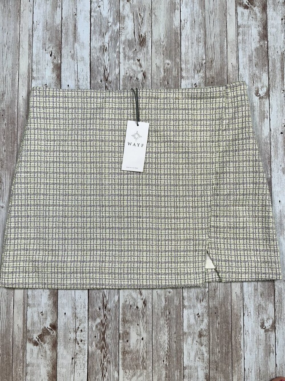 WAYF Women's Tweed Lined Mini Skirt sz Medium Front Split Zipper Purple Green